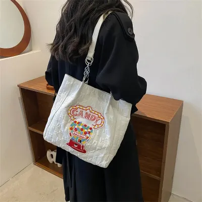 Women Girls Cartoon Embroidery Large Capacity Shoulder Bags 